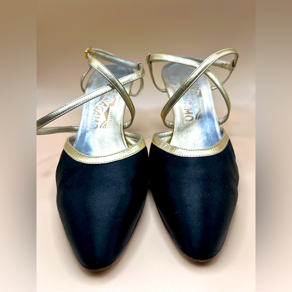 Vintage Salvatore Ferragamo Black & Gold Sling Back High Heels